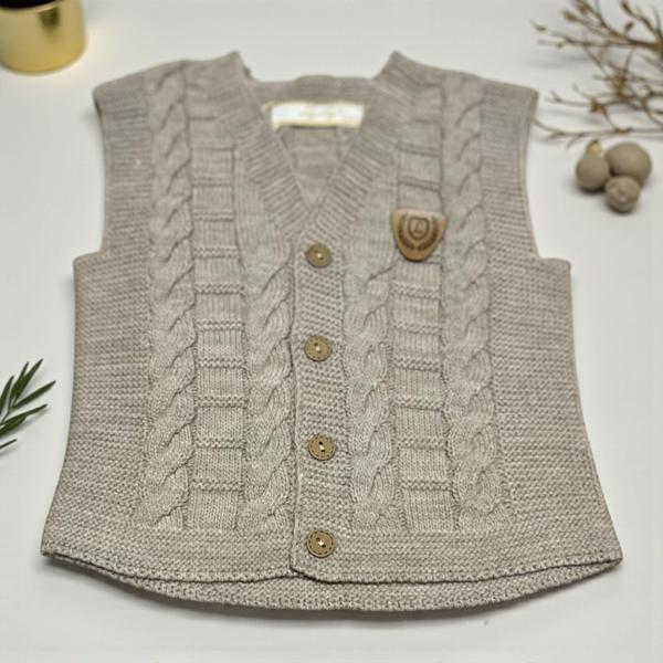 SAÇ ÖRGÜ DETAYLI ARMALI TRİKO YELEK - LY3009-Vizon-6 - 9 Ay Vizon - Image 1