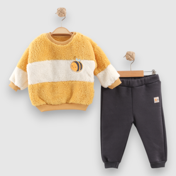 HAPP BEE NAKIŞLI PELUŞ SWEATSHIRT ÜÇ İPLİK ŞARDONLU ALT TAKIM - NEC254127-Sarı-18 - 24 Ay Sarı - Image 1