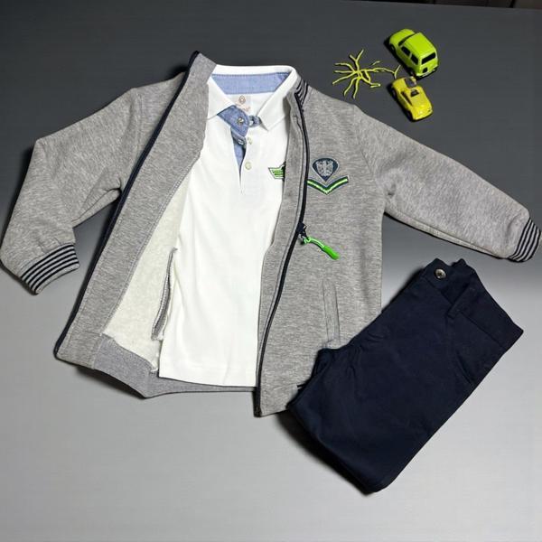 ŞARDONLU KOLEJ MONTLU GÖMLEK YAKA SWEATLİ ÜÇLÜ ALT ÜST TAKIM - SM002-Gri-4 Yaş Gri - Image 1