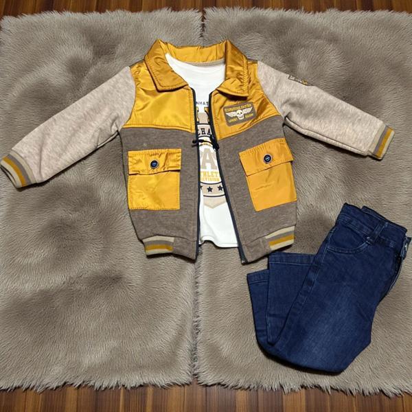 CEPLİ ŞARDONLU KOLEJ MONT A BASKI SWEATSHIRT DENIM PANTOLONLU ÜÇLÜ ALT ÜST TAKIM - SM2654-Hardal-4 Yaş Hardal - Image 1