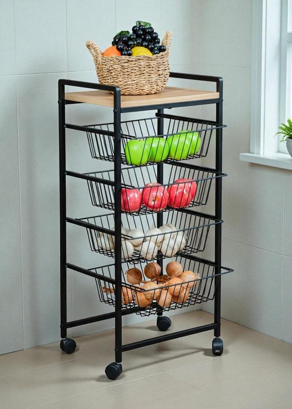 DEKORATİF TEKERLEKLİ METAL SEBZELİK 4 TEL SEPETLİ ÇAM AHŞAP RAFLI ÇOK AMAÇLI STAND - Image 1