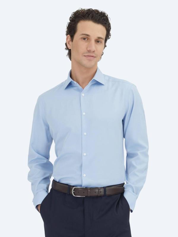 Mavi Düz Regular Fit Dokuma Klasik Pamuk Karışımlı Gömlek - Image 1