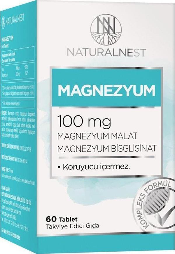 NaturalNest Magnezyum Malat Bisglisinat İçeren Takviye Edici Gıda 60 Tablet - Image 1