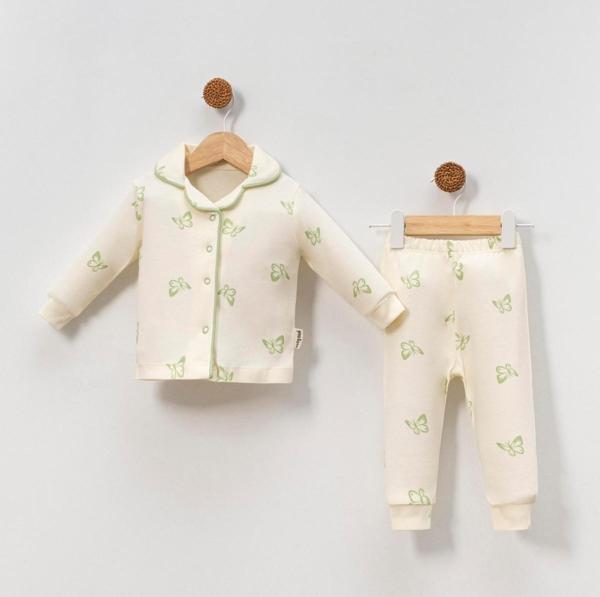 KELEBEK DESENLİ BEBE YAKA PİJAMA TAKIMI - BC-2425-Yeşil-6 - 9 Ay Yeşil - Image 1