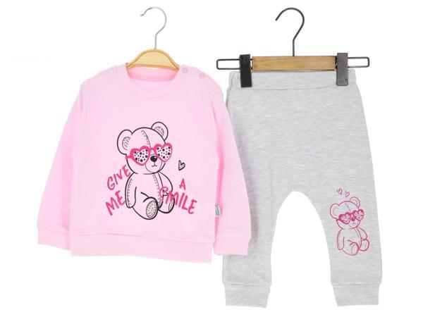 GÖZLÜKLÜ AYI BASKILI İKİ İPLİK ALT ÜST TAKIM - MNS3002-Pembe-6 Ay Pembe - Image 1