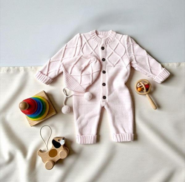 ŞAPKASI PONPONLU ROBA DETAYLI TRİKO TULUM - MLR2067-Pembe-3 - 6 Ay Pembe - Image 1