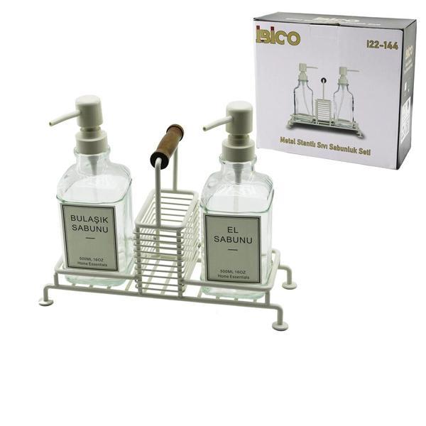 3 PCS METAL STANDLI - CAM SIVI SABUNLUK SETİ AHŞAP TUTMALI - SÜNGERLİK (5365) - Image 1