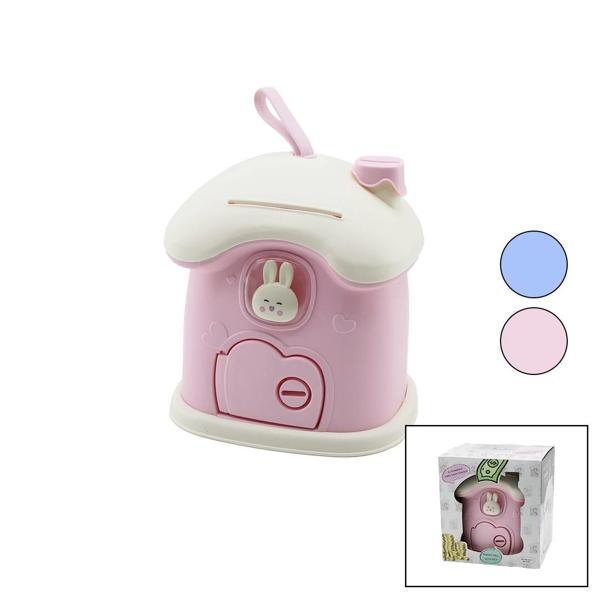 BÜYÜK=18X16X18CM EV MODELİ KİLİTLİ RENKLİ PLASTİK ÇOCUK KUMBARA TAVŞAN FİGÜRLÜ (5365) - Image 1