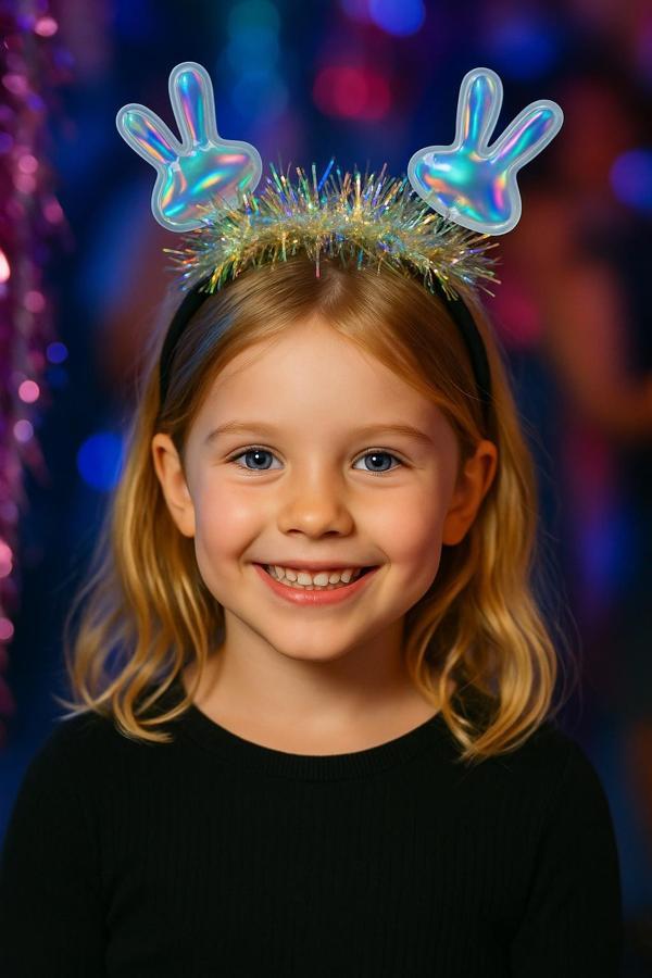 KPop Korean Style Yılbaşı Yeni Yıl Çocuk Işıltılı Tavşan Kulaklı Taç Parti Aksesuarı Holografik Model - Image 1