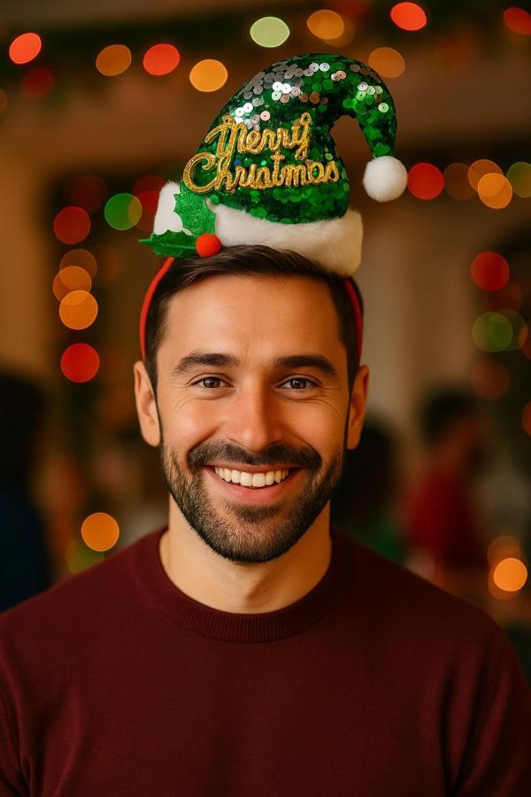 Yılbaşı Yeni Yıl Parlak Yeşil Pullu Merry Christmas Şapkalı Kırmızı Taç Parti Aksesuarı - Image 1