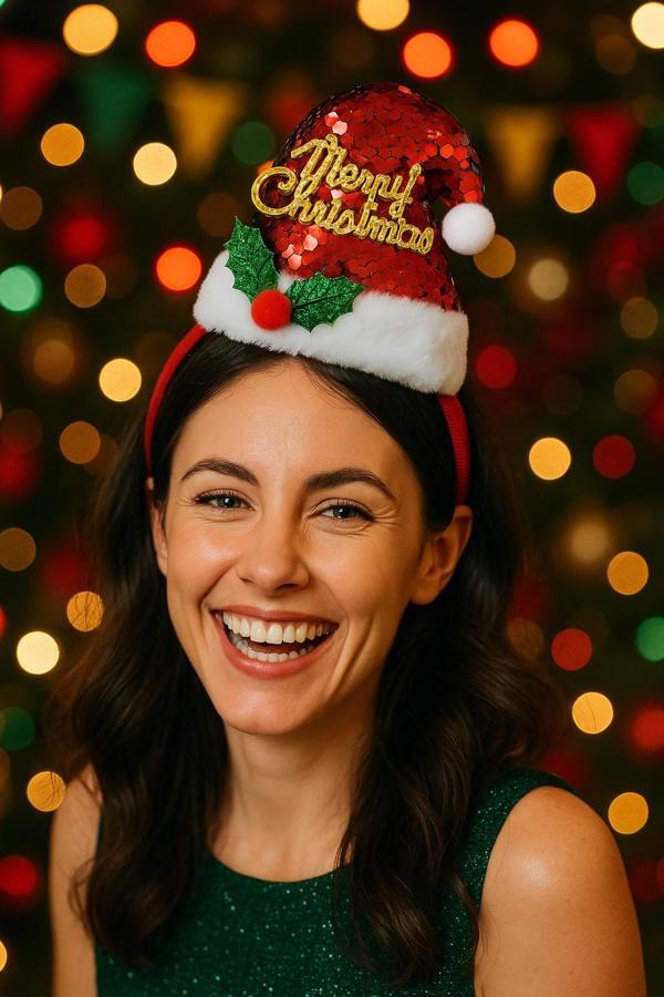 Yılbaşı Temalı Pul Şapkalı Kırmızı Taç Merry Christmas Yazılı Peluş Kenarlı Parti Aksesuarı - Image 1