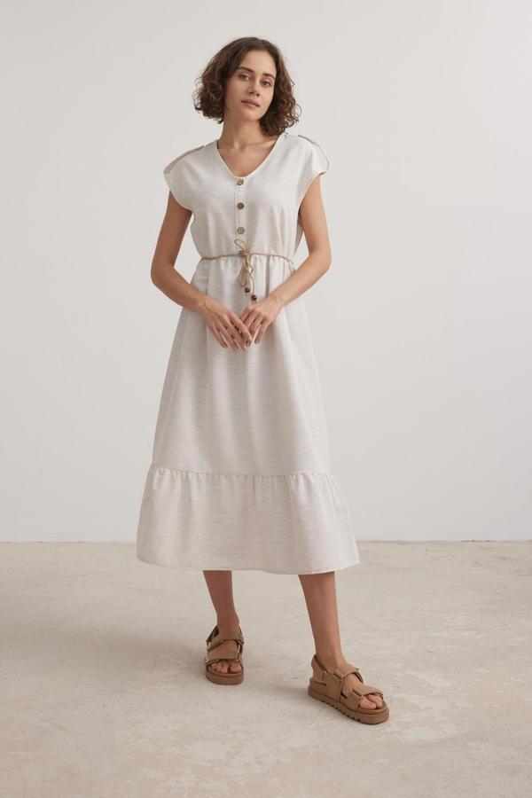 Vos VersaKadın Keten Düğmeli Bağlama Detaylı Taş Elbise VVK7092 - Image 1