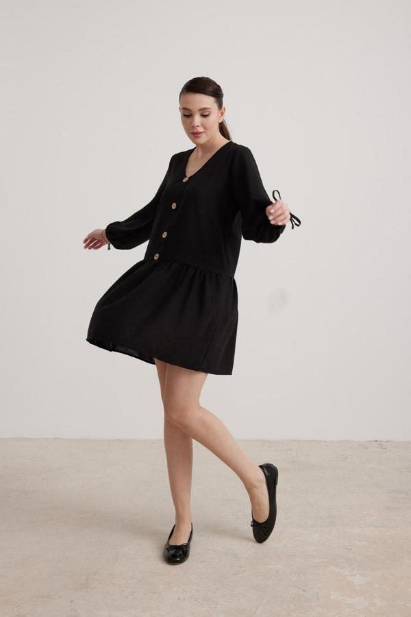 Vos Versa Kadın Kol Bağlama Detaylı Kadın Keten Siyah Elbise VVK72602 - Image 1