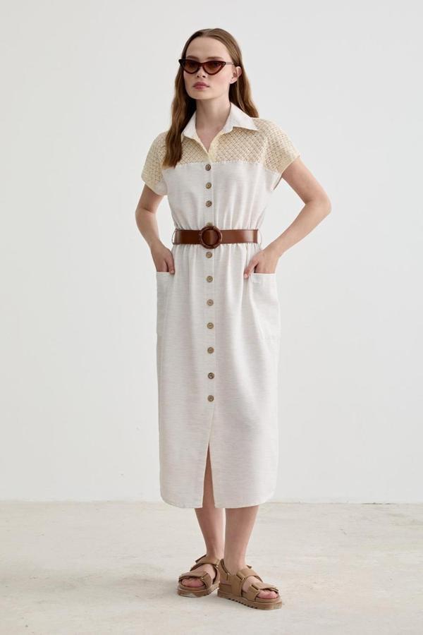 Vos Versa Kadın Dantel Detaylı Beli Kemerli Keten Taş Elbise VVK7279 - Image 1