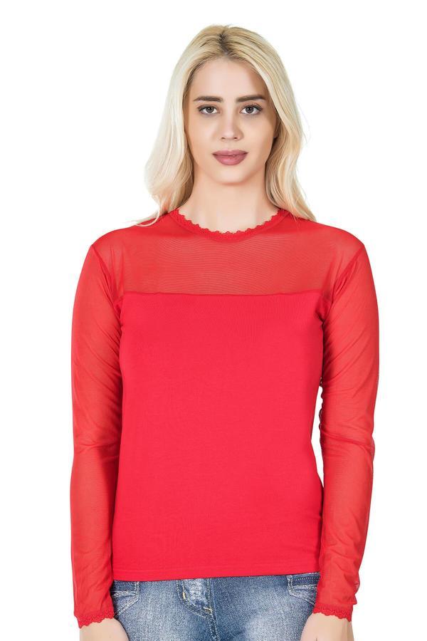 Uzun Kol Transparan Yaka Kadın Tişört 293 - Image 1