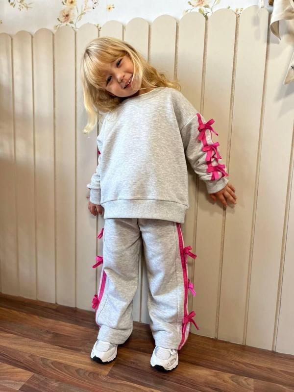 Cg Kids Gri Pembe Fiyonk Detaylı Kız Çocuk 3 iplik Alt Üst Takım Süper Kalite Kumaş (Geniş Kalıptır.) - Image 1