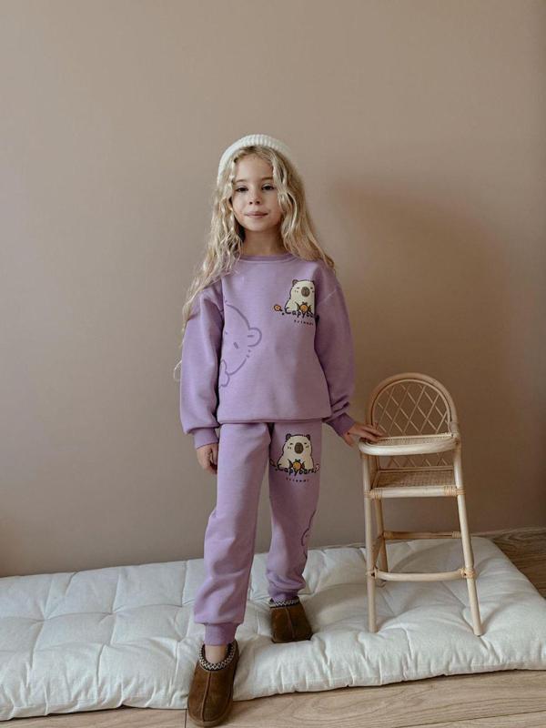 Cg Kids Capybara Kız Çocuk 3 iplik Şardon Kumaş Alt Üst Takım Süper Kalite Sırt Baskı Detaylı Mor Renk - Image 1