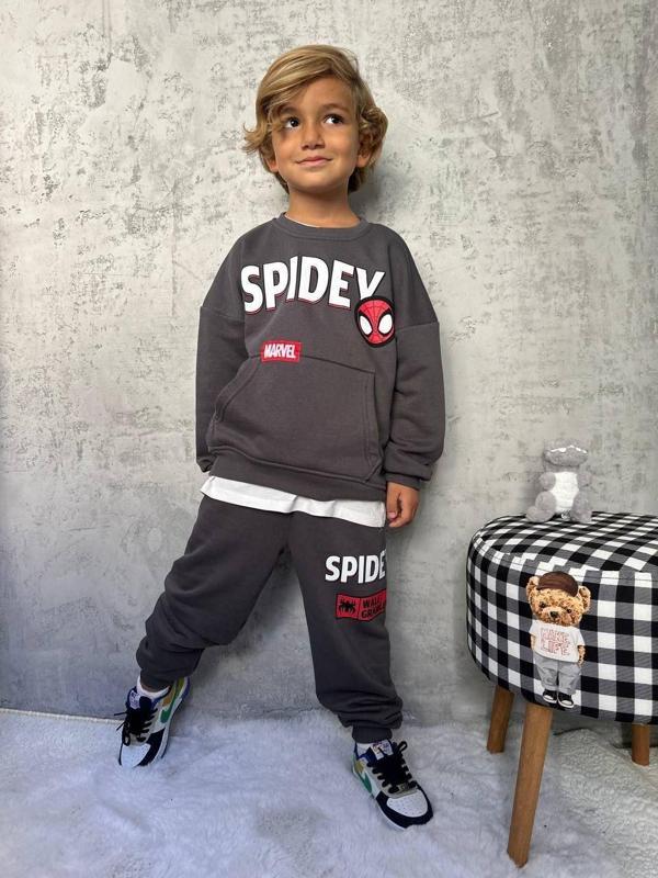 Cg Kids Örümcek Adam Spidey 3 iplik Erkek Çocuk Alt Üst Takım Süper Kalite Fırçalı Kumaş Kanguru Cep Sırt Baskı Detay - Image 1