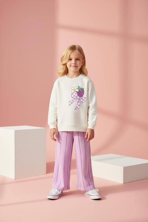 Cg Kids Mor Eşofman Detaylı Çilek baskı temalı Kız Çocuk 3 iplik Alt Üst Takım Süper Kalite Kumaş - Image 1