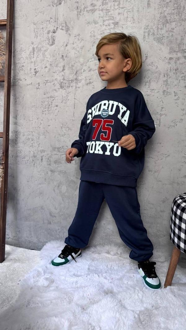 Cg Kids Tokyo baskılı lacviert 3 iplik Erkek çocuk Alt Üst Takım Süper Kalite Kumaş - Image 1