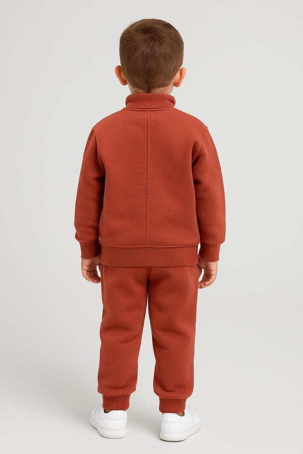 Cg Kids Tatlı kiremit rengi içi pamuklu 3 ip şardonlu dik yaka yarım fermuar ön kanguru dikişli cep erkek çocuk alt üst takım - Image 1