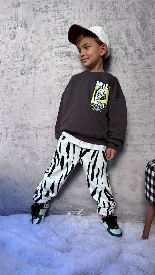 Cg Kids Milo Zebra Desenli Erkek Çocuk 3 iplik Alt Üst Takım Süper Kalite Kumaş - Image 1