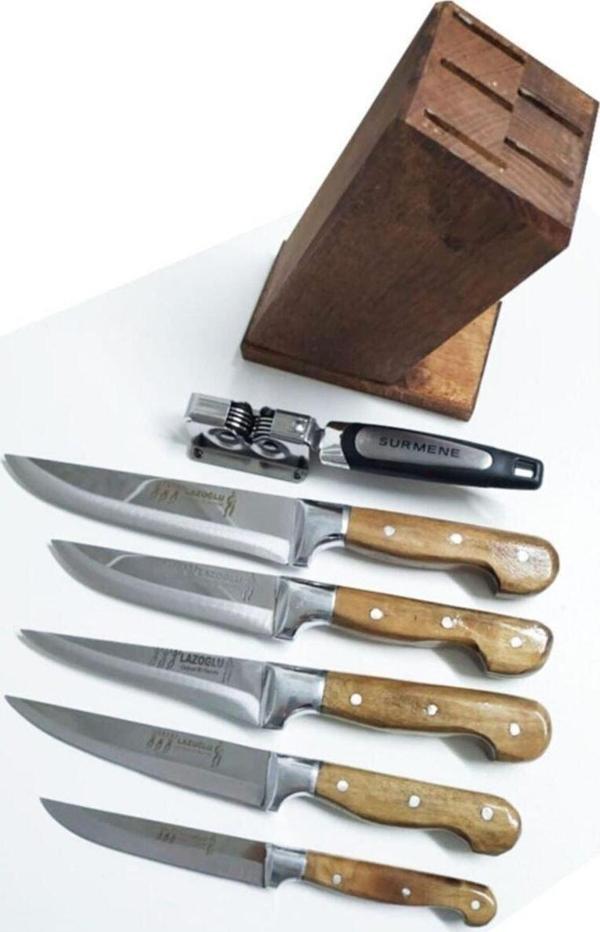 Aşçıbaşı Ticaret El Yapımı Kütüklü  Bıçak Seti 6lı+ Bıçak Bileyici - Image 1