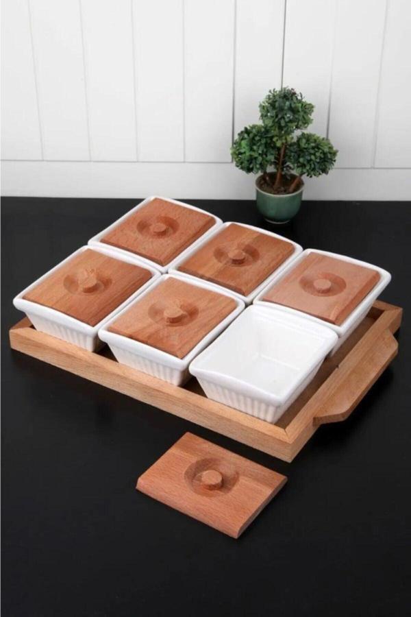Happy Kitchen Ahşap Tepsili 6 Bölmeli Lüx Kahvaltılık - Image 1