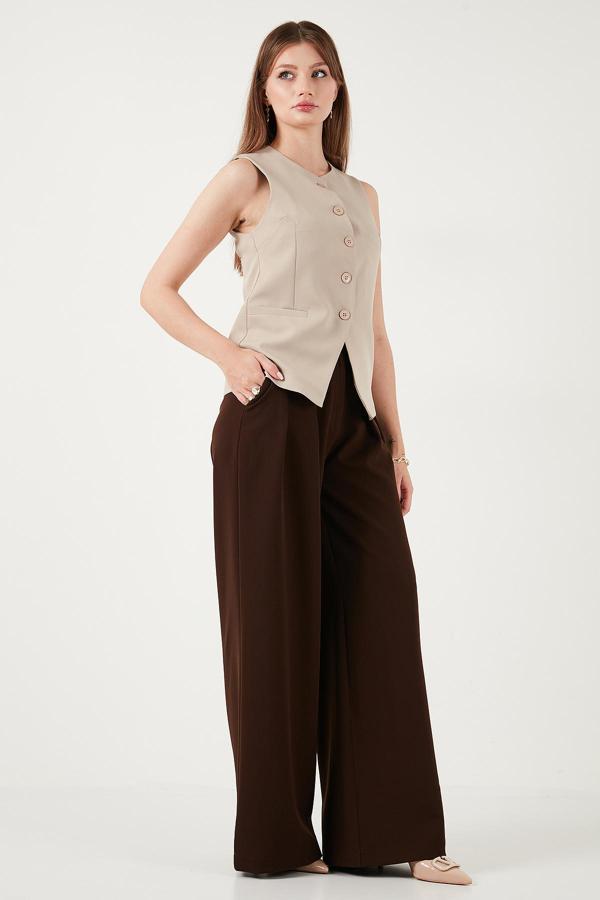 Lela Pile Detaylı Wide Leg Yüksek Bel Geniş Paça Bayan Pantolon 6522016 KAHVE - Image 1