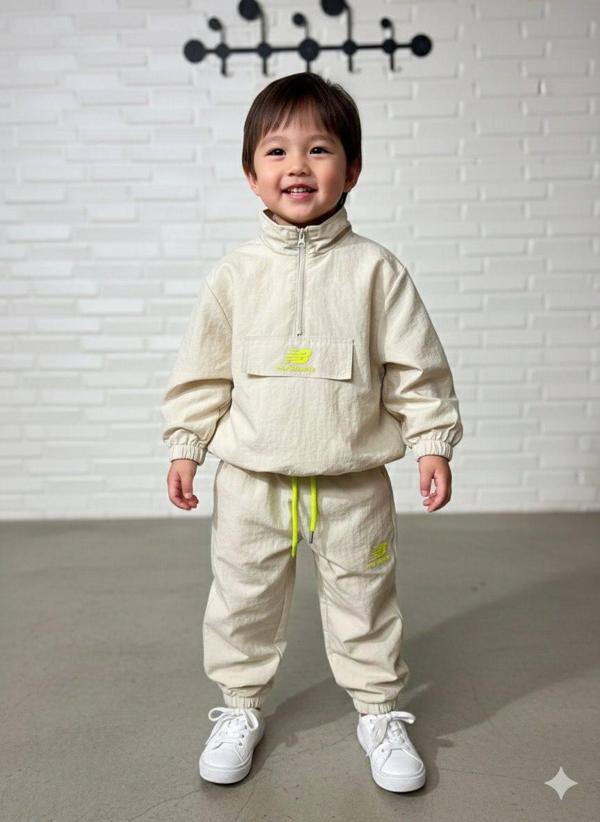 NB Baskılı Çocuk Spor Takımı – Fermuarlı Üst & Pantolon, Astarlı, Bej - Image 1