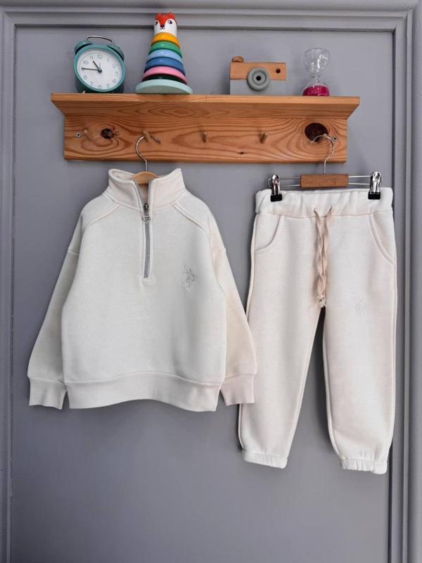 Şardonlu Bej Slim Fit Çocuk Takımı – Yarım Fermuarlı Sweatshirt & Jogger Alt - Image 1