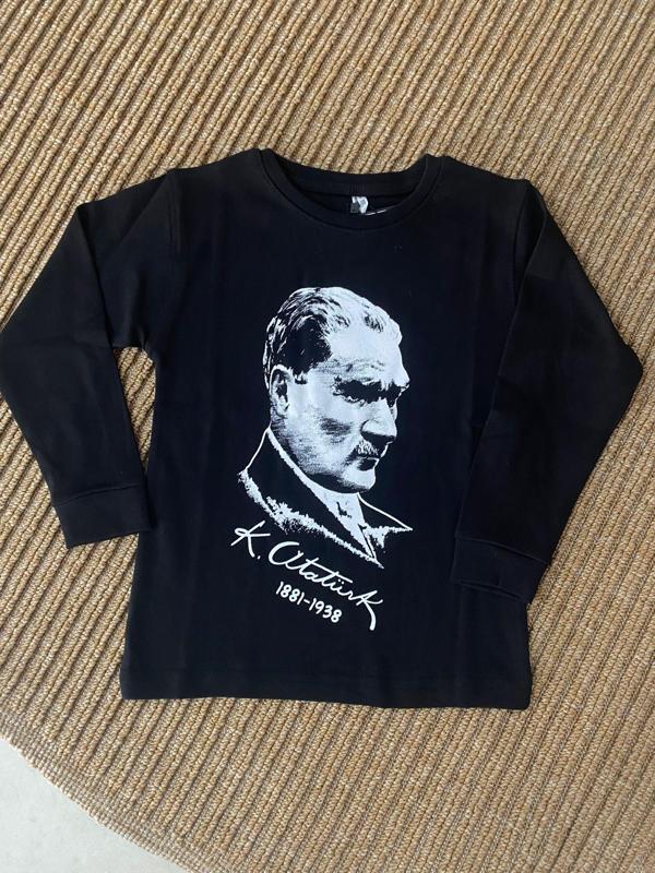Çocuk Uzun Kollu Siyah Tişört – Atatürk Baskılı Model - Image 1