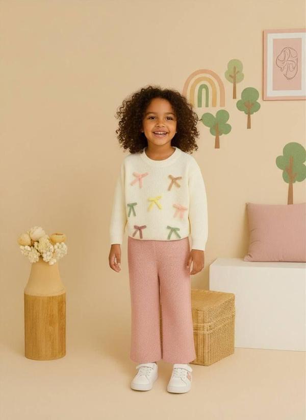 Fiyonk Aplikeli Triko Kız Çocuk Takımı – Bisiklet Yaka Kazak & Triko Pantolon - Image 1