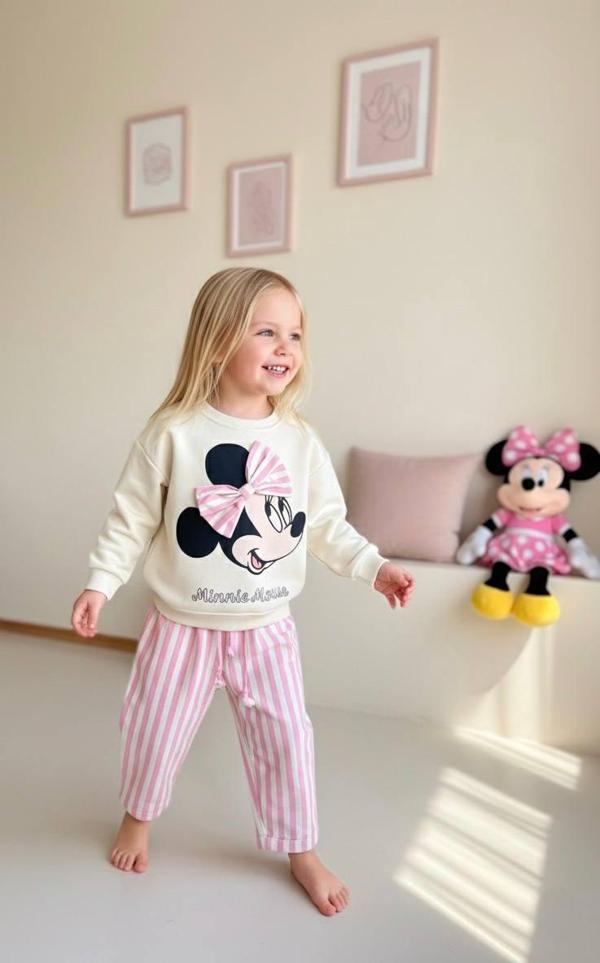 Minnie Mouse Baskılı Kurdele Detaylı Çocuk Takımı – Sweatshirt & Denim Alt - Image 1
