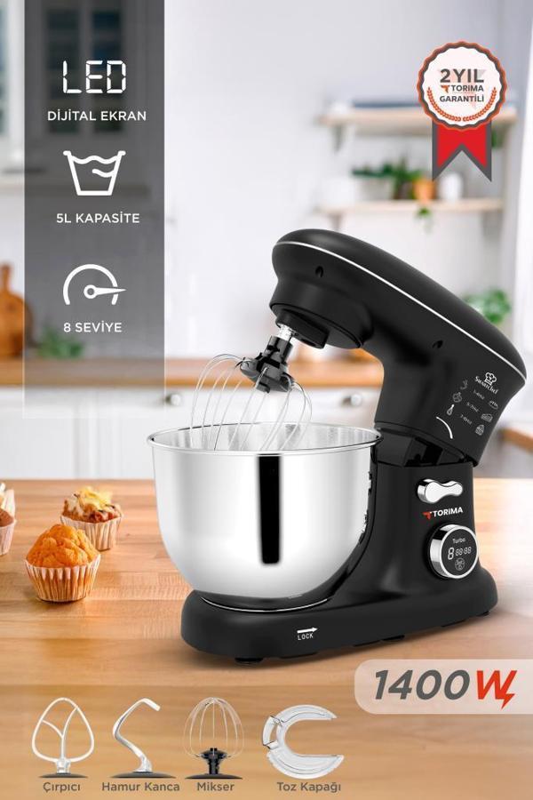 Torima TMK-1400DT Siyah Stand Mikser , Hamur Yoğurma Makinesi , Mutfak Şefi 1400W - Image 1