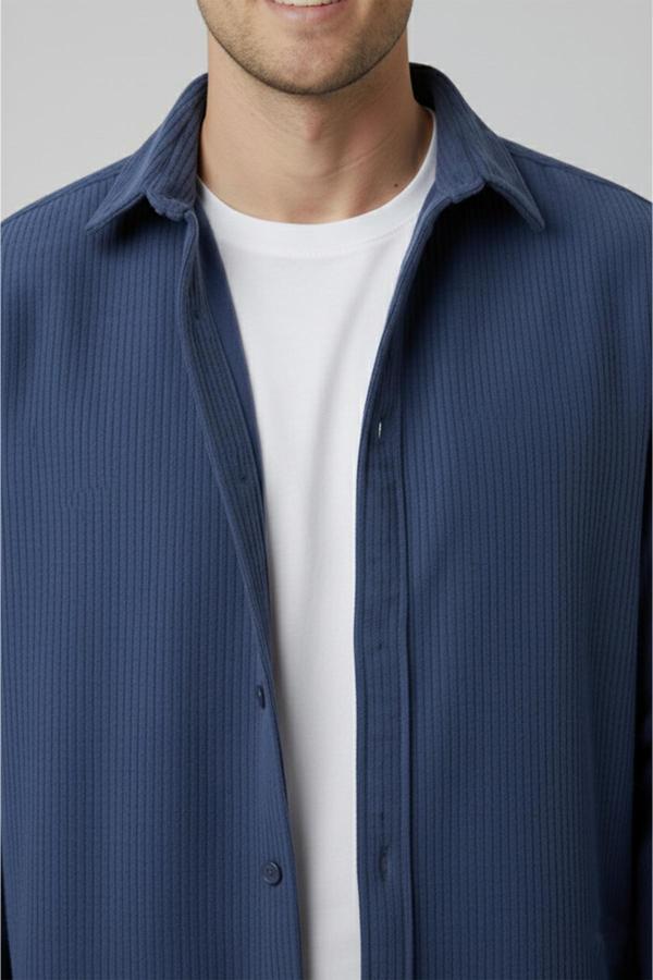 DeepSEA Erkek Mavi Kadife Fitilli Rahat Kesim Gömlek Yumuşak Dokulu Likralı Kadife Gömlek 2600758 - Image 1