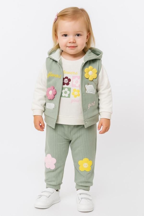 Çiçek Nakışlı Yelekli Kız Bebek Alt Üst Takım - Image 1
