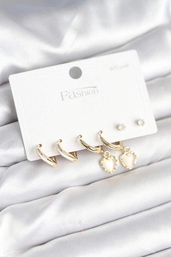 BFS Pirinç Gold Renk Kalp Detaylı 925 Ayar Gümüş Çivili Kadın Küpe Seti - Image 1