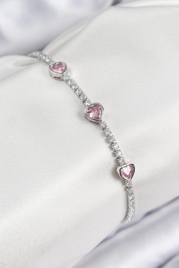 BFS Pirinç Zirkon Taşlı Pembe Kalp Model Gümüş Renk Kadın Bileklik - Image 1