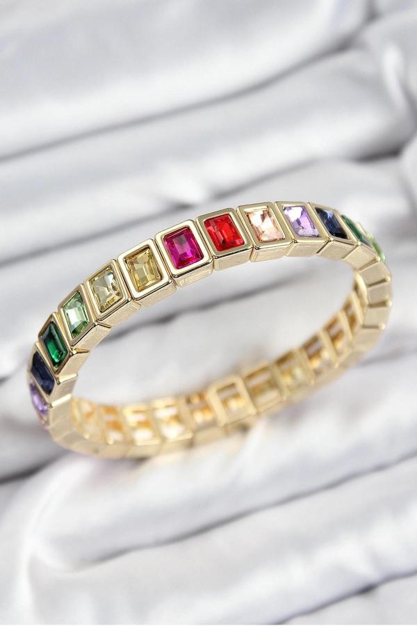 BFS Pirinç Karışık Zirkon Taşlı Dikdörtgen Model Gold Renk Lastikli Kadın Bileklik - Image 1