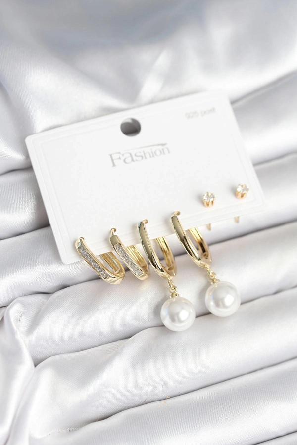 BFS Pirinç Gold Renk İnci Detaylı 925 Ayar Gümüş Çivili Kadın Küpe Seti - Image 1