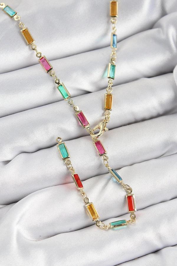 BFS Pirinç Renkli Zirkon Taşlı Dikdörtgen Model Gold Renk Kadın Y Kolye - Image 1
