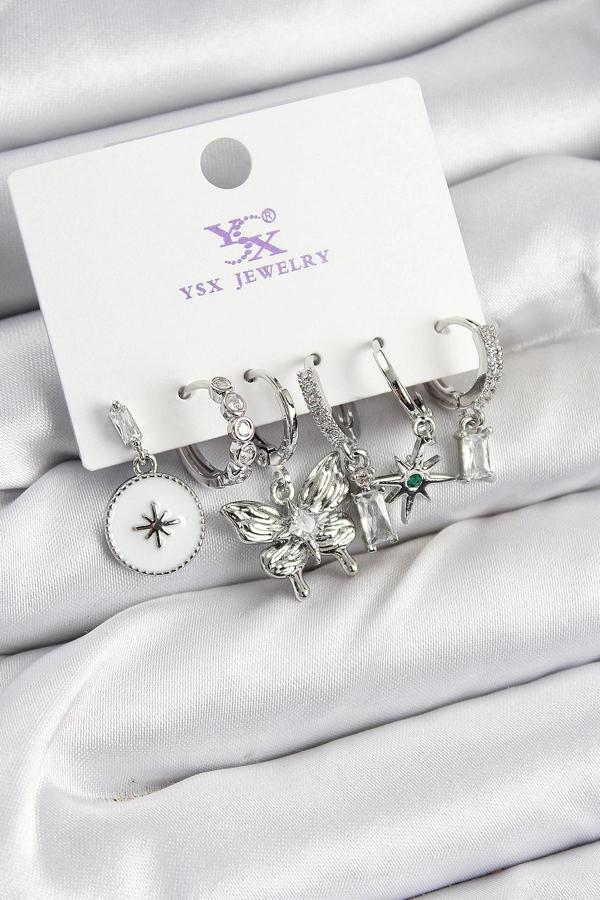 BFS Pirinç Zİrkon Taşlı Kelebek ve Yıldız Model Gümüş Renk 3'lü Çift Kadın Küpe - Image 1