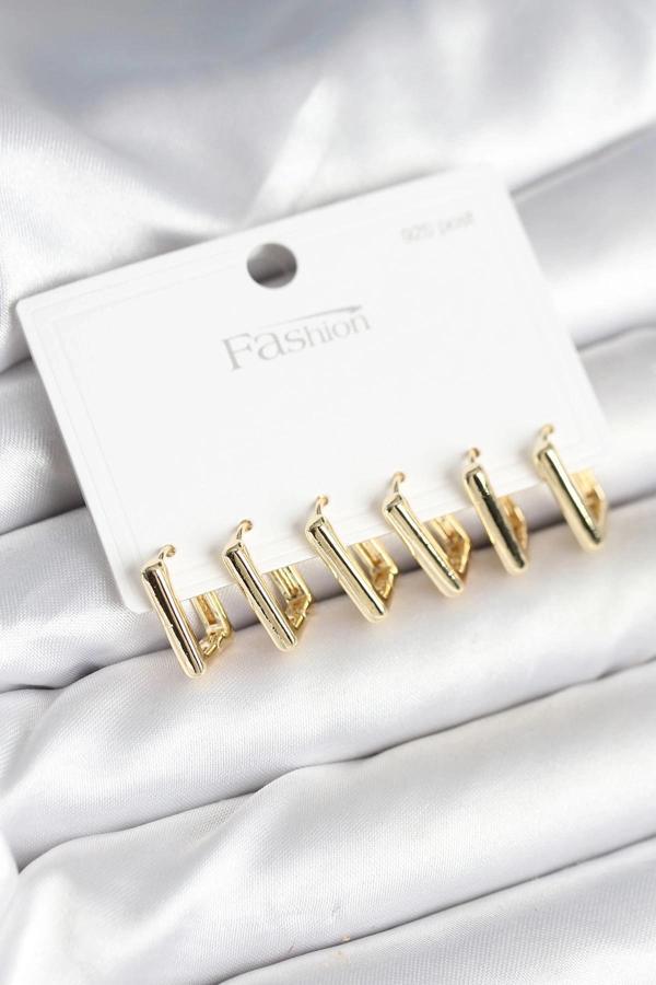 BFS Gold Renk Kare Model Pirinç 925 Ayar Gümüş Çivili Kadın Küpe Seti - Image 1