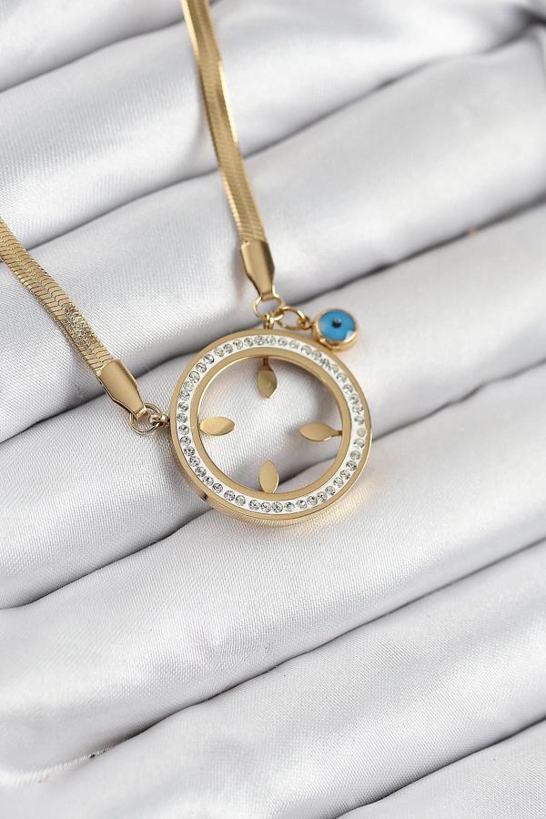 BFS 316L Çelik Zirkon Taşlı Çeyrek Takılabilir Gold Renk Kadın Kolye - Image 1