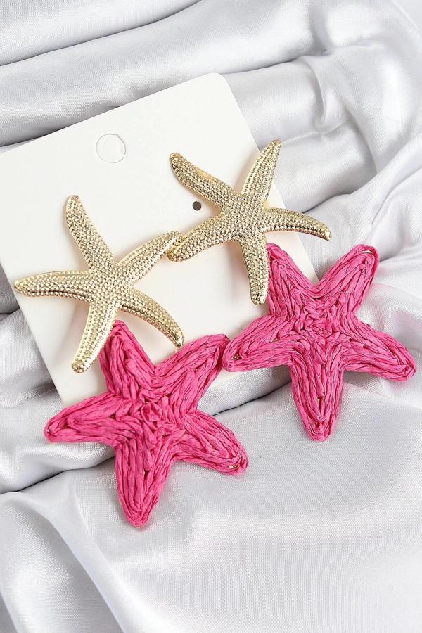 BFS Pirinç Sallantılı Pembe Deniz Yıldızı Model Gold Renk Hasır Küpe - Image 1