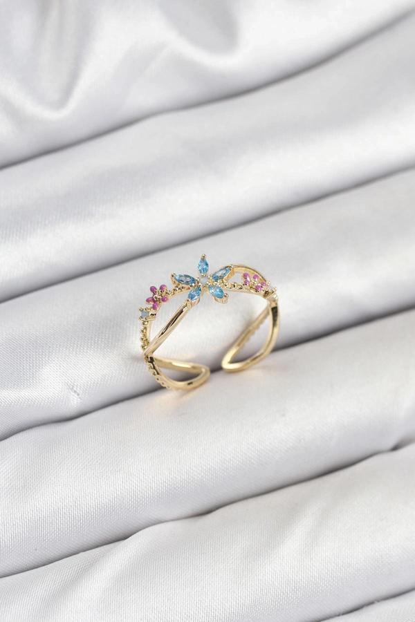 BFS Pirinç Gold Renk Zirkon Taşlı Mavi Çiçekli Kadın Yüzük - Image 1