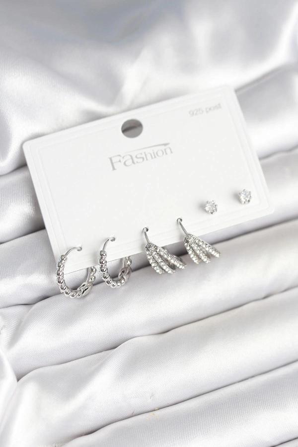 BFS Pirinç Gümüş Renk Zirkon Taşlı 925 Gümüş Çivili Kadın Küpe Seti - Image 1