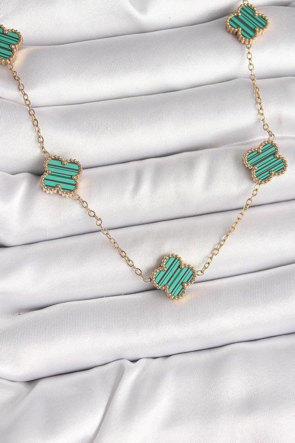 BFS 316L Çelik Gold Renk Zincir Yeşil Yonca Model Kadın Kolye - Image 1