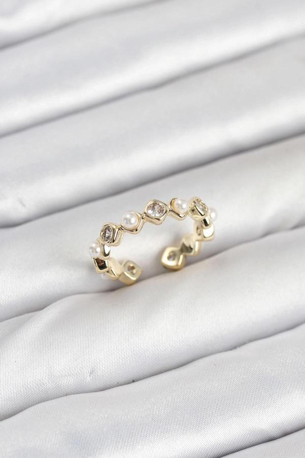 BFS Pirinç Gold Renk Zirkon Taşlı İncili Kadın Yüzük - Image 1